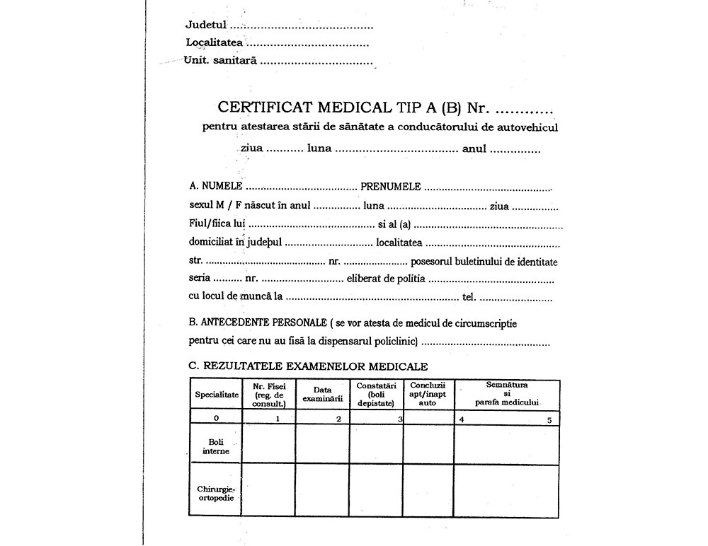 Certificat medical pentru obținerea permisului de conducere